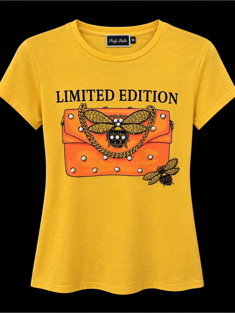 Truly Bella~ Limited Edition Medium Yellow Graphic Tee with Orange Purse Motif 🐝